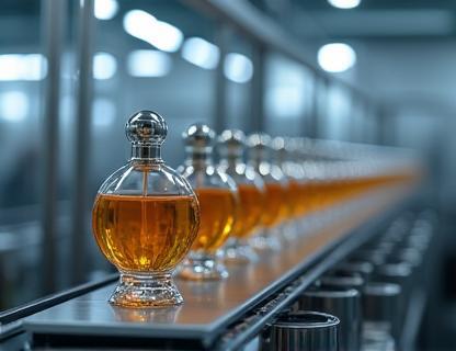 Image of EDP perfume bottles in a production line