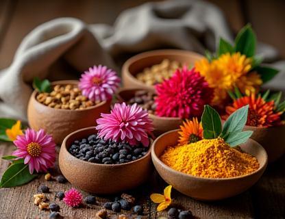 Image of various raw ingredients like flowers and spices
