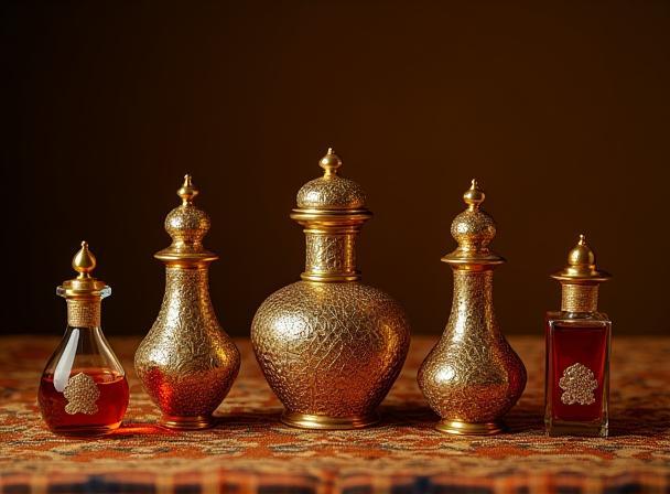 Collection of traditional, intricately designed Attar bottles