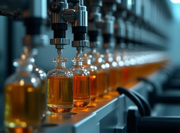 Closeup view of the automated perfume bottling process