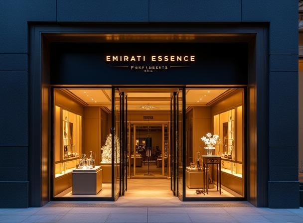 Exterior view of a luxurious Emirati Essence Perfumes retail boutique