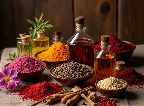 Display of exquisite perfume raw materials like flowers, spices, and resins